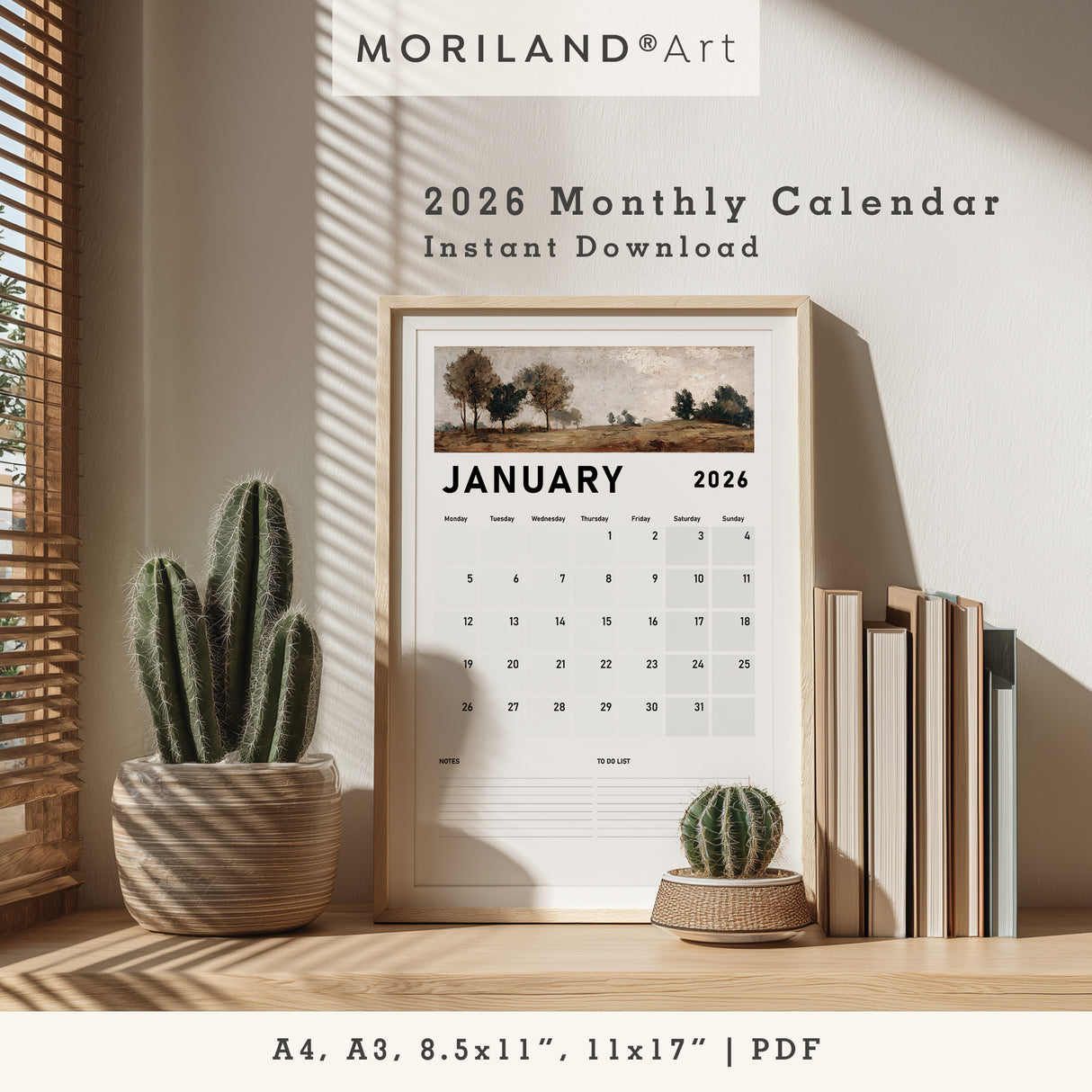 2026 Monthly Calendar | Vintage Landscape Oil Painting Style - PDF (Digital Download)