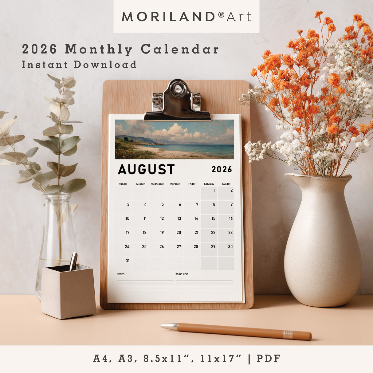 2026 Monthly Calendar | Vintage Landscape Oil Painting Style - PDF (Digital Download)
