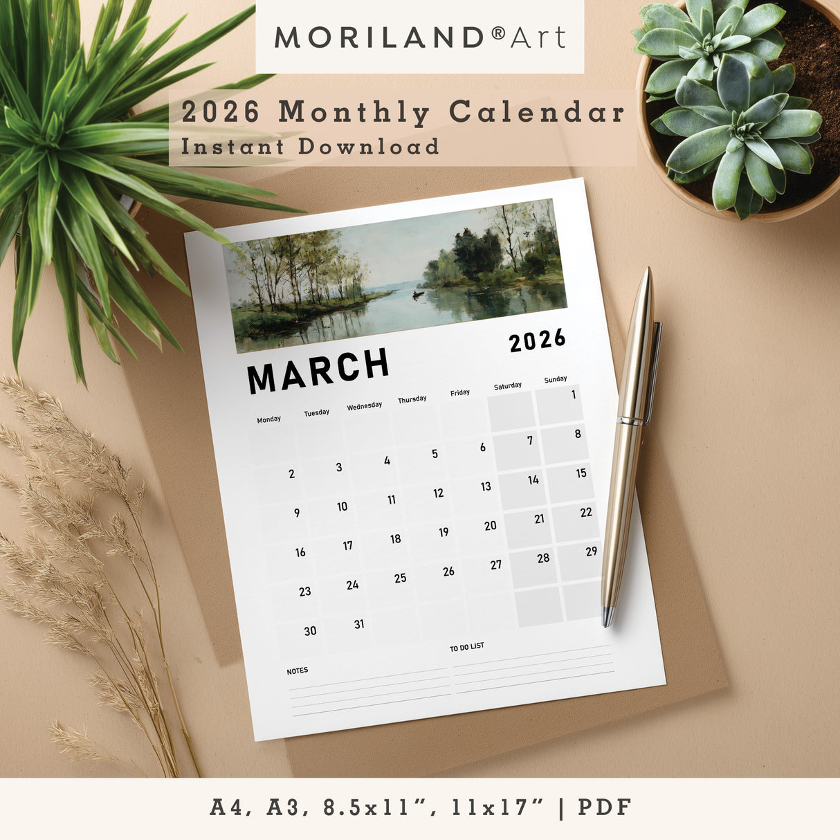 2026 Monthly Calendar | Vintage Landscape Oil Painting Style - PDF (Digital Download)