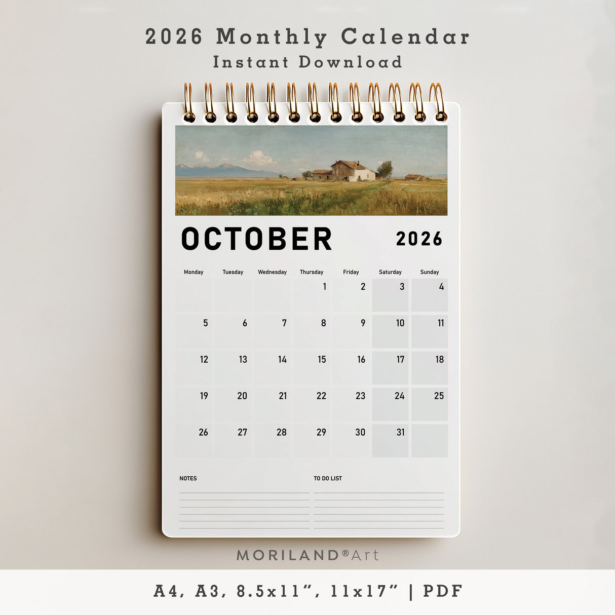 2026 Monthly Calendar | Vintage Landscape Oil Painting Style - PDF (Digital Download)