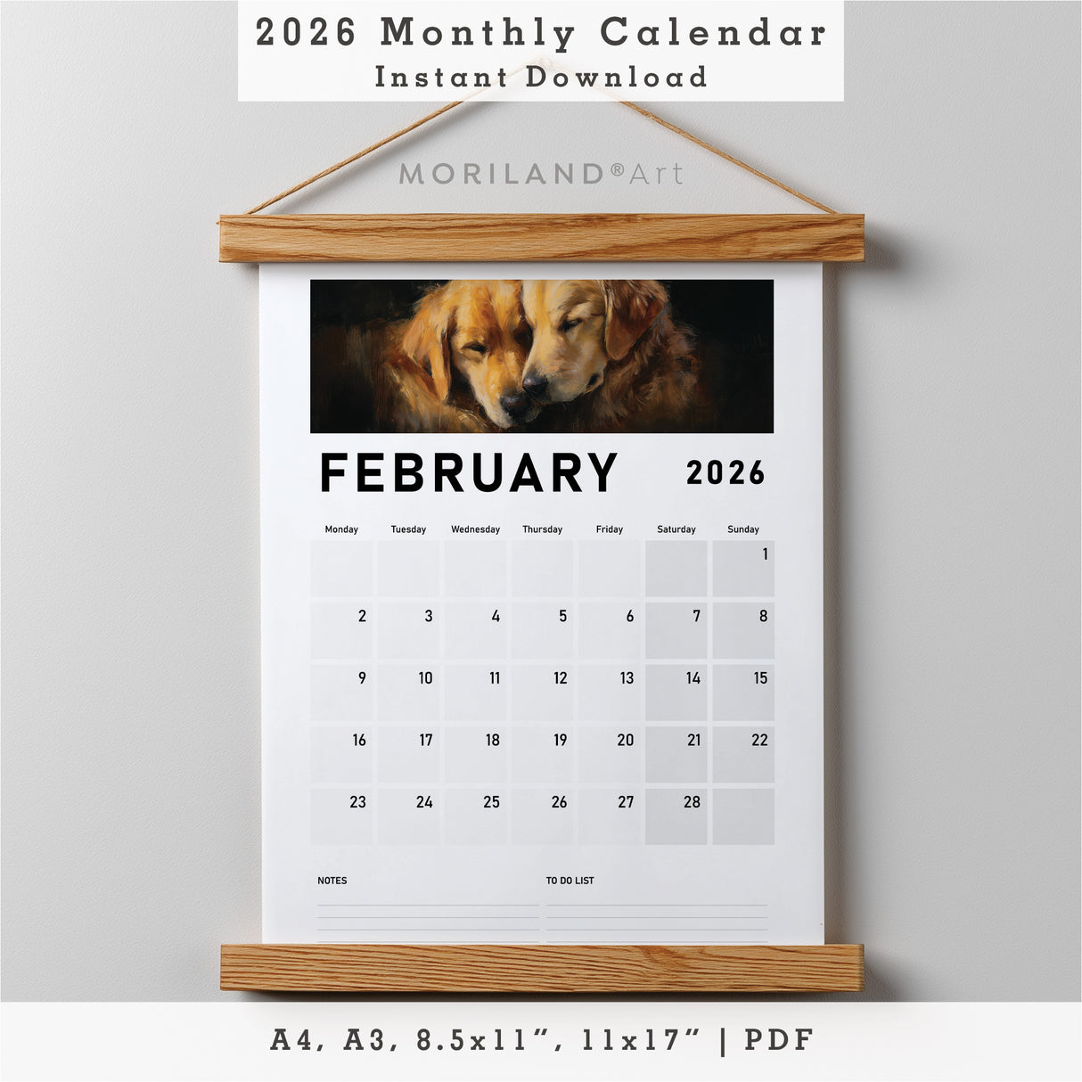 2026 Monthly Calendar | Dogs Oil Painting Style - PDF (Digital Download)