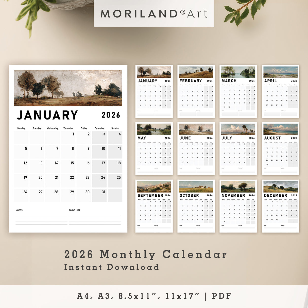 2026 Monthly Calendar | Vintage Landscape Oil Painting Style - PDF (Digital Download)