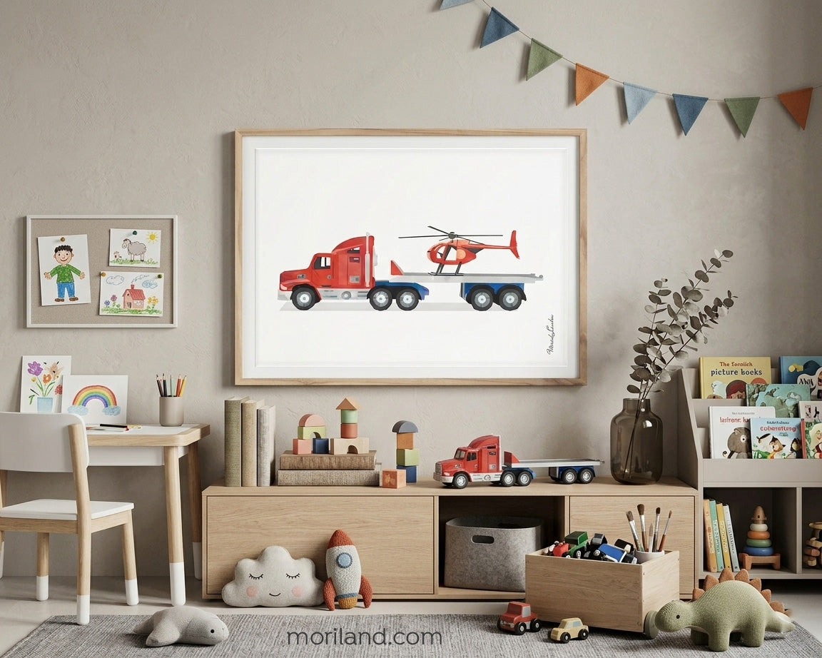 Red Semi Truck and Helicopter Printable Wall Art