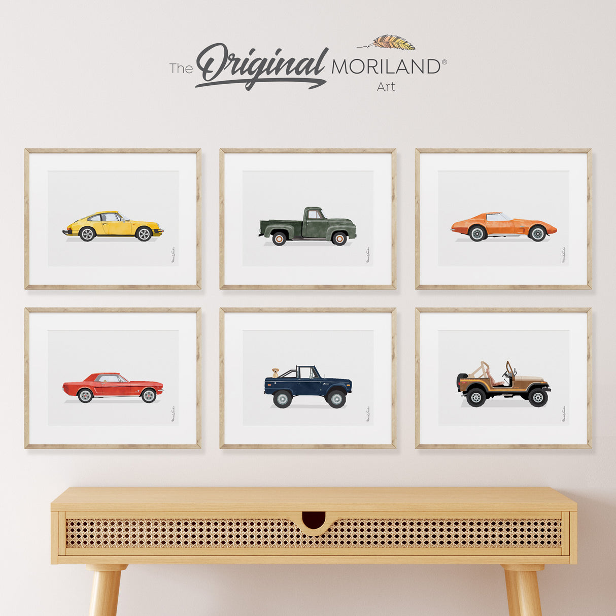 Classic & Vintage Car Art Prints - Printable Set of 6, Classic Bronco with Labrador Retreiver, Porsche 911, Chevy, Ford Mustang, Open Jeep