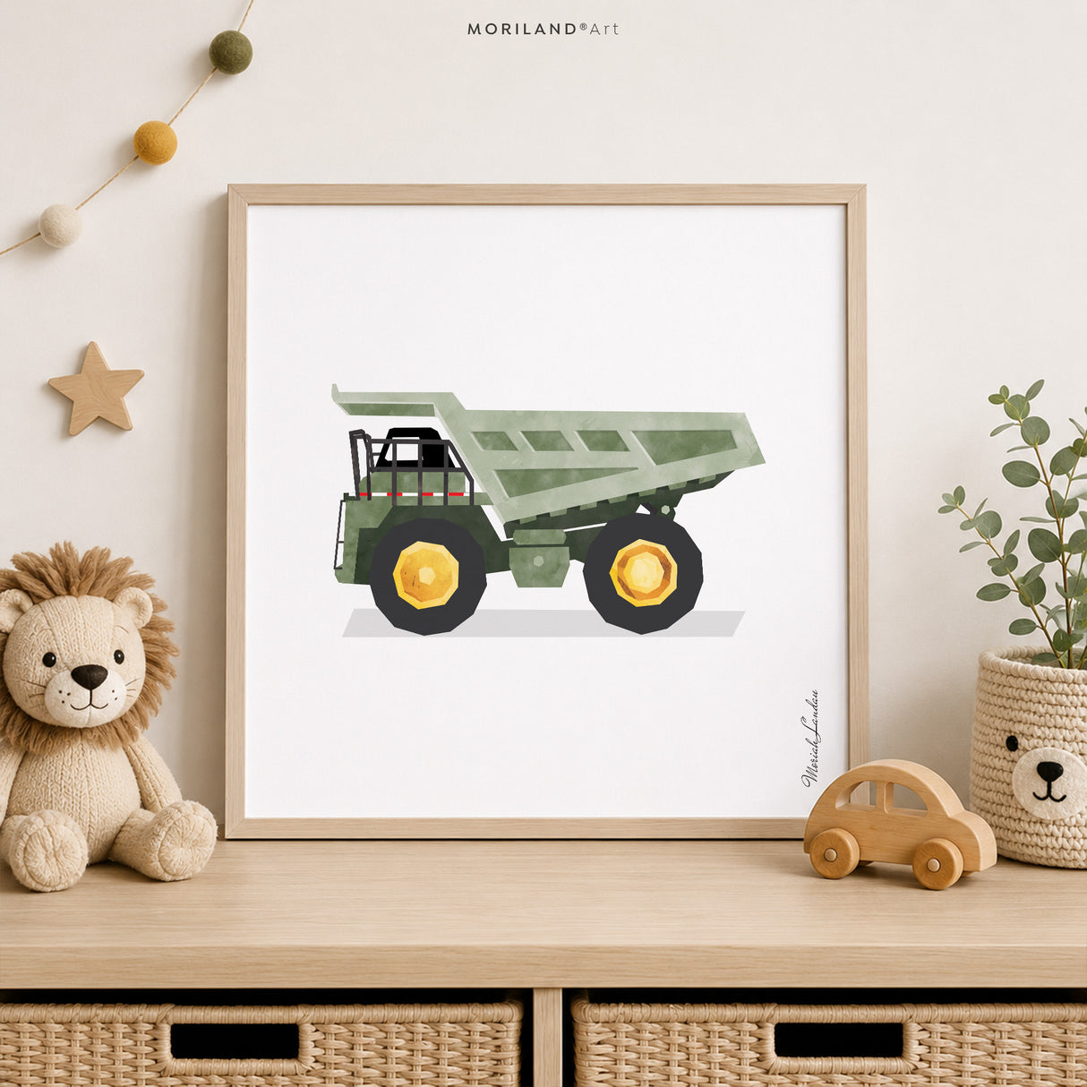 Sage Green Bulldozer Fine Art Paper Print for Boys Room Decor