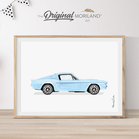 Baby blue vintage Ford Mustang muscle car print for boy's nursery or big boy room decor. By MORILAND Art