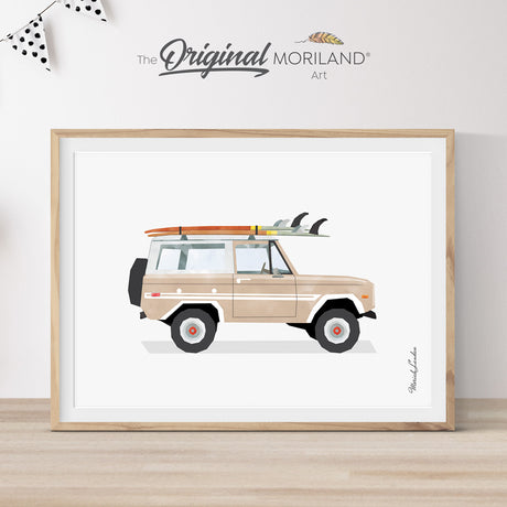 Beige Classic Car with Surfboards Print - Printable Art, Printable Surfboard Wall Art, Surf Art, Classic Car Wall Art, Coastal Bedroom Poster, Boho, MORILAND®