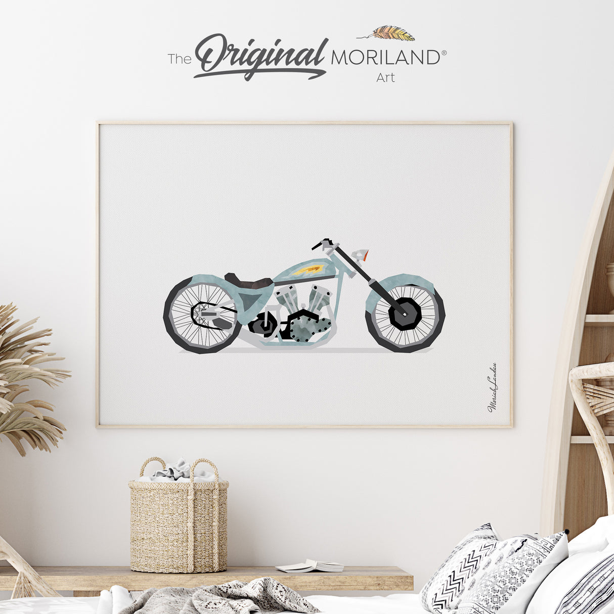 Pale Blue Vintage Harley Davidson Motorcycle Fine Art Paper Print