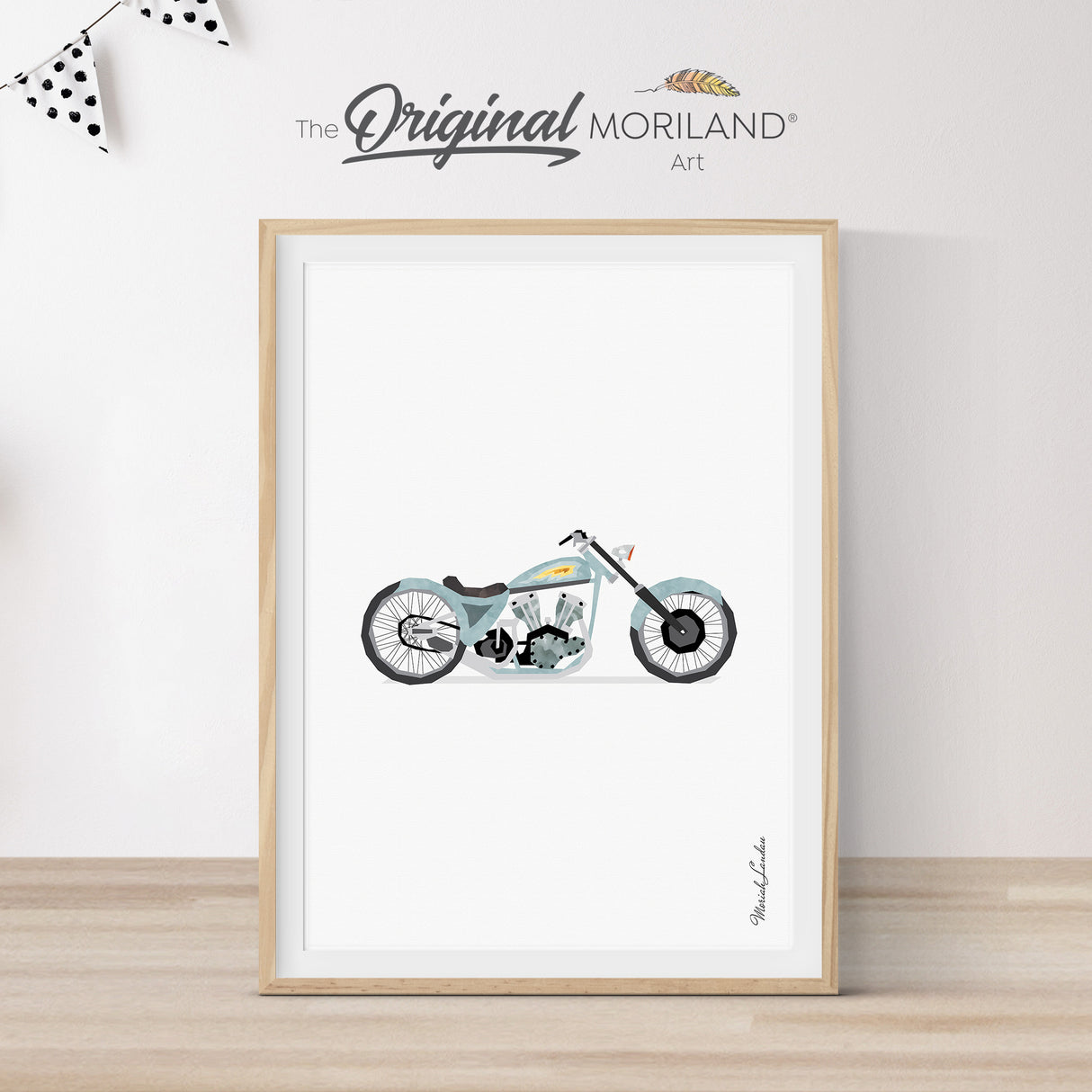 Pale blue vintage Harley Davidson motorcycle print in a vertical format, perfect for decorating boy nurseries, big boy rooms, teen rooms, or dorms. Printable art with a retro motorcycle design.