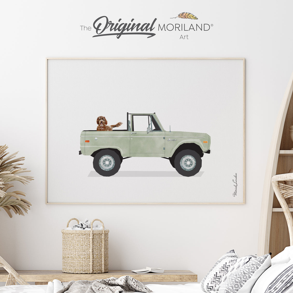Sage Green Classic Pickup Truck with Brown Goldendoodle Dog Fine Art Paper Print, Classic Bronco Truck
