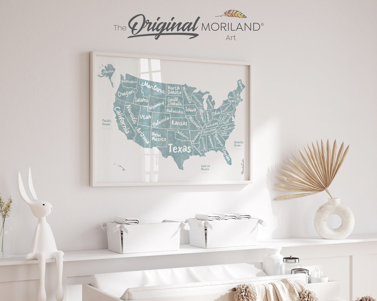 Pale Blue US Map Print | Nursery & Classroom Wall Art | Educational Back to School Poster | MORILAND®