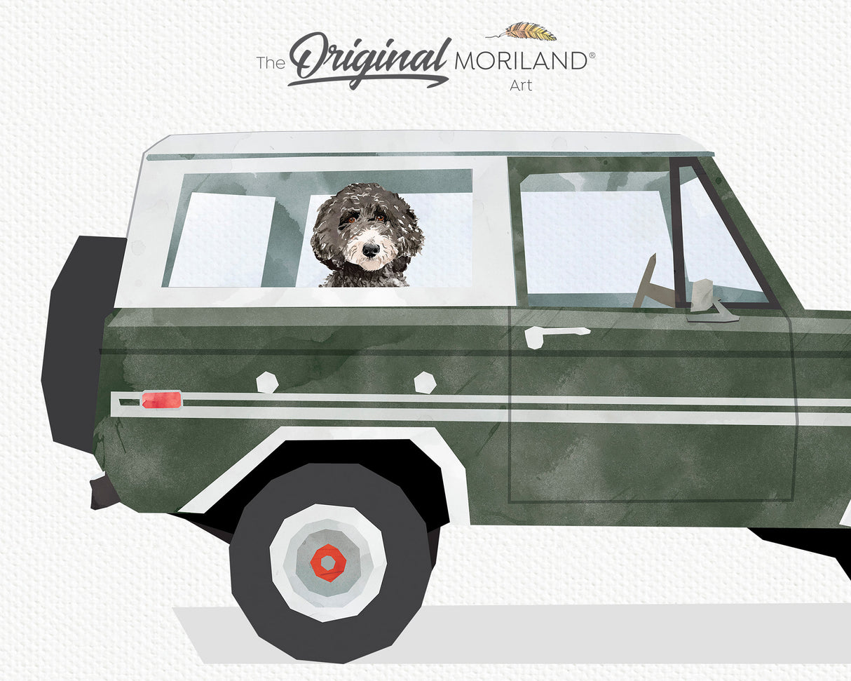 Dark Green Classic Car with Black Labradoodle Dog Print - Printable Art, Pet Memorial Gift, Classic Ford Bronco Car, Boy Nursey Décor
