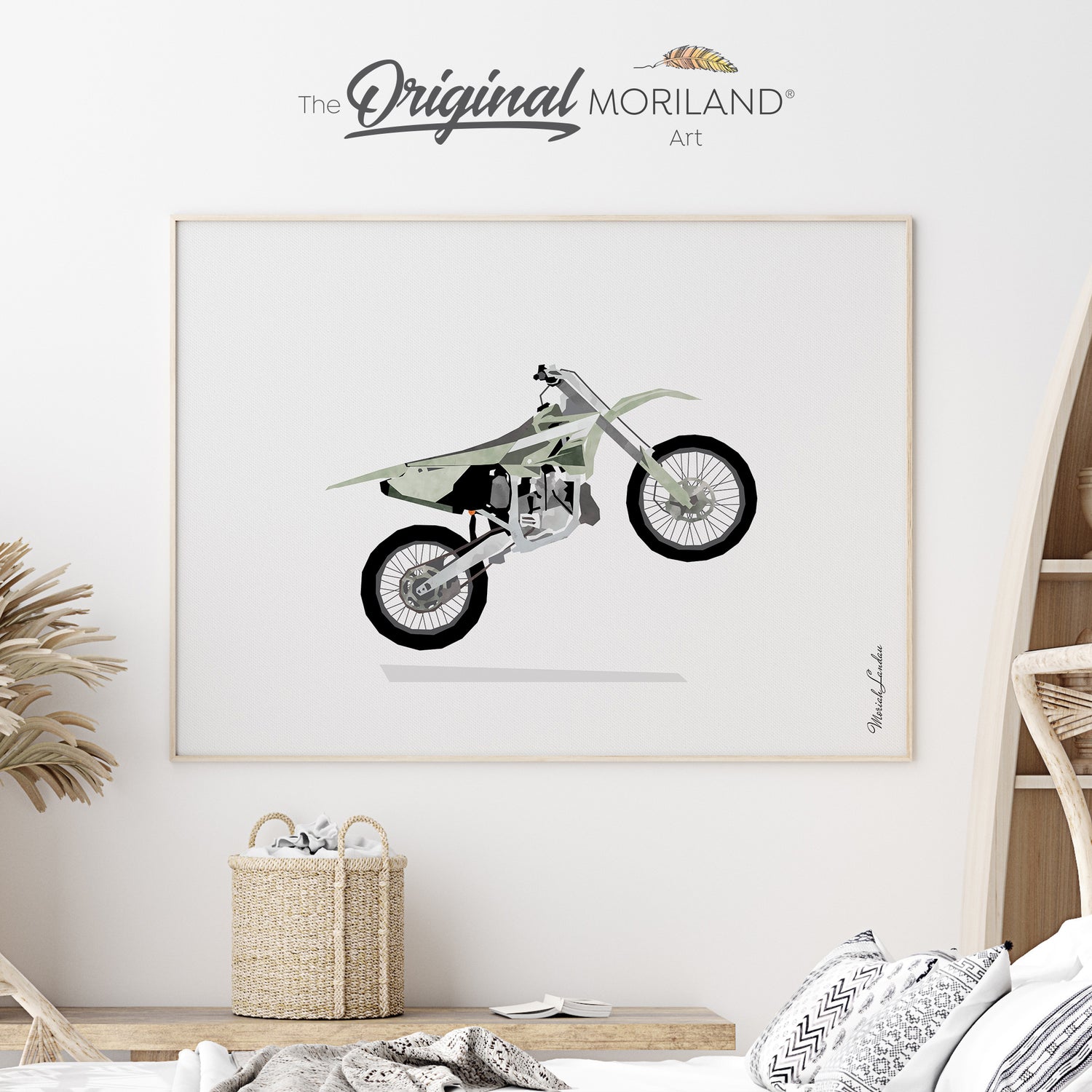 Sage Green Wheelie Dirt Bike Wall Art - Fine-Art Print for Boys’ Nursery & Big Boy Room, perfect gift for baby boys and grandsons. By MORILAND