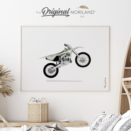 Sage Green Wheelie Dirt Bike Wall Art - Fine-Art Print for Boys’ Nursery & Big Boy Room, perfect gift for baby boys and grandsons. By MORILAND