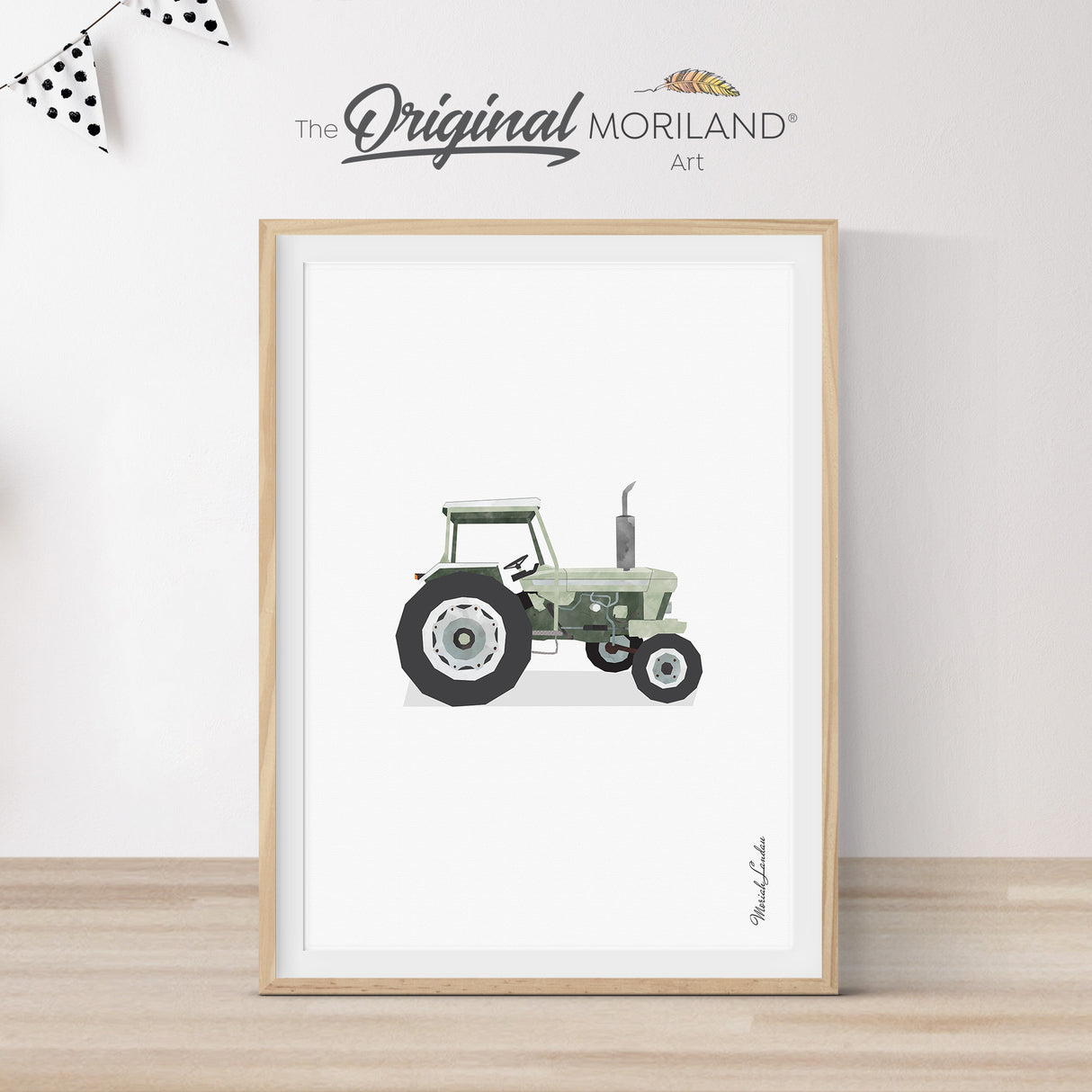 Sage green tractor printable wall art – rustic farm vehicle illustration for boy nursery or transportation-themed decor