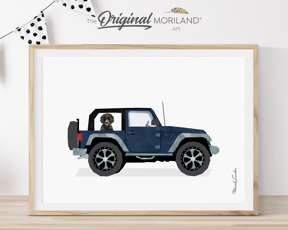 Digital art print of a classic navy blue off-road 4x4 vehicle with a black curly-haired Doodle dog inside, on a light gray textured background. Retro automotive and dog lover wall art by MORILAND.
