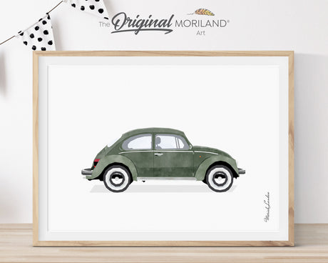 Dark Green Classic VW Beetle Bug Vintage Small Family Car Print - Printable Art