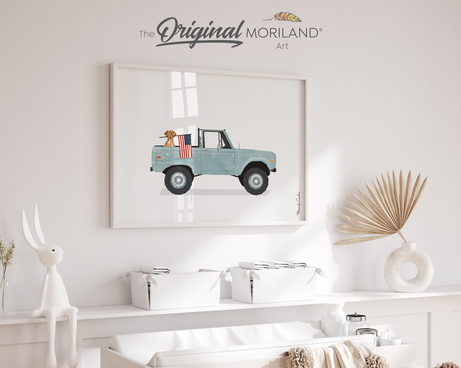 Pale Blue Classic Truck with Vizsla Dog Holding American Flag Print - Printable Art