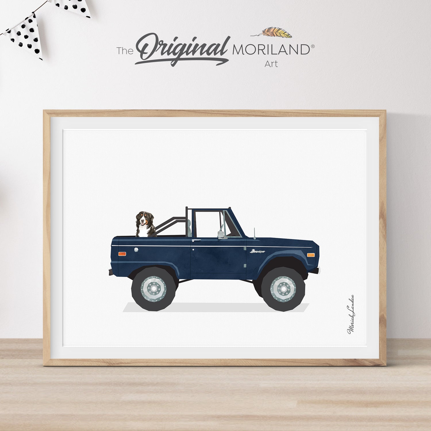 Navy Blue Classic Ford Bronco Truck With Bernese Mountain Dog Print - Printable Art