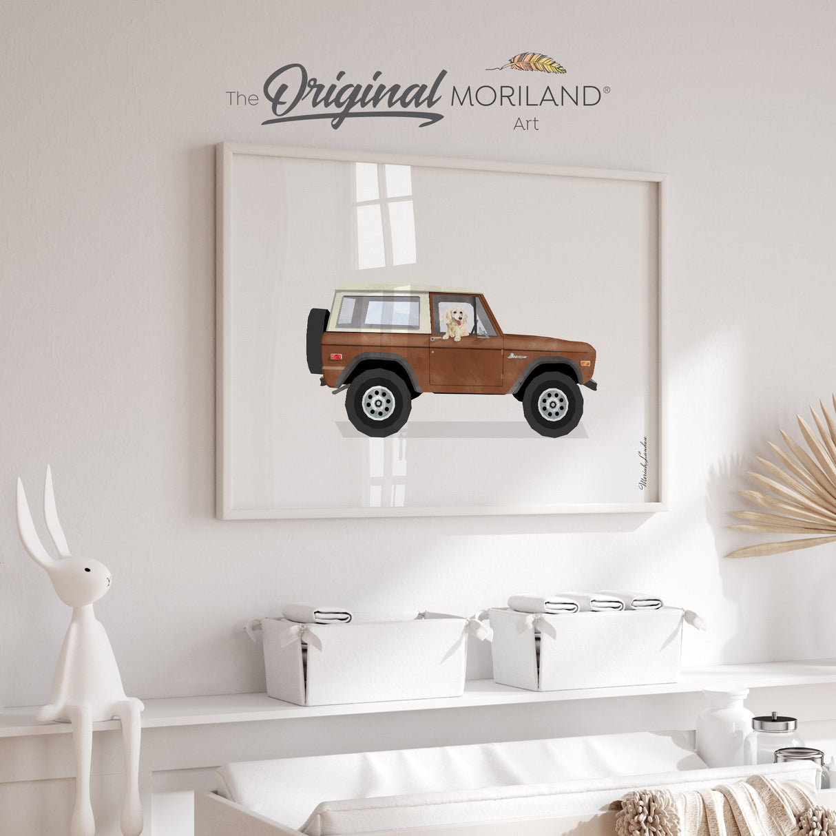 Classic brown adventure vehicle and Dachshund dog illustration, MORILAND printable art, vintage automotive decor.