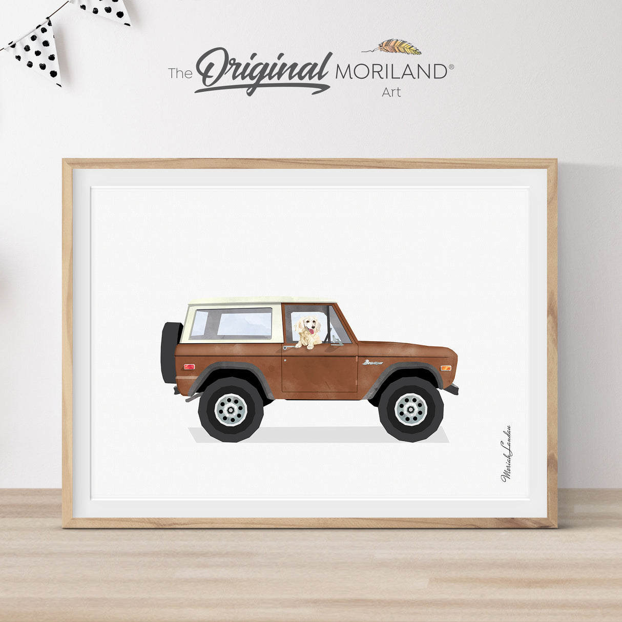 Digital art print of a vintage classic brown off-road Bronco SUV with a cute Dachshund dog sitting inside, set against a light gray textured background. Perfect for retro nursery decor or dog lover gifts.