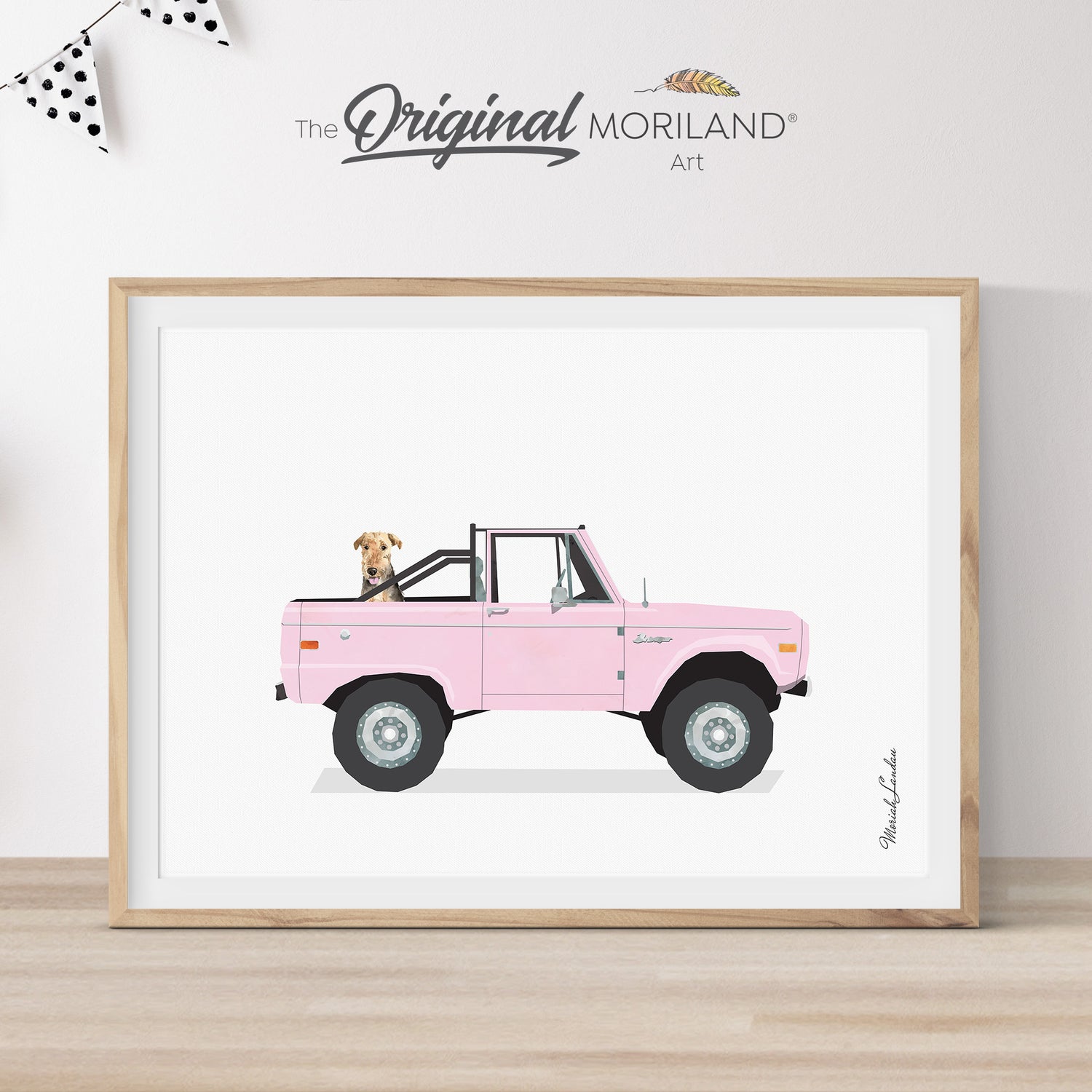 Pink Classic Ford Bronco Pickup Truck with Airedale Terrier Dog Print - Printable Art
