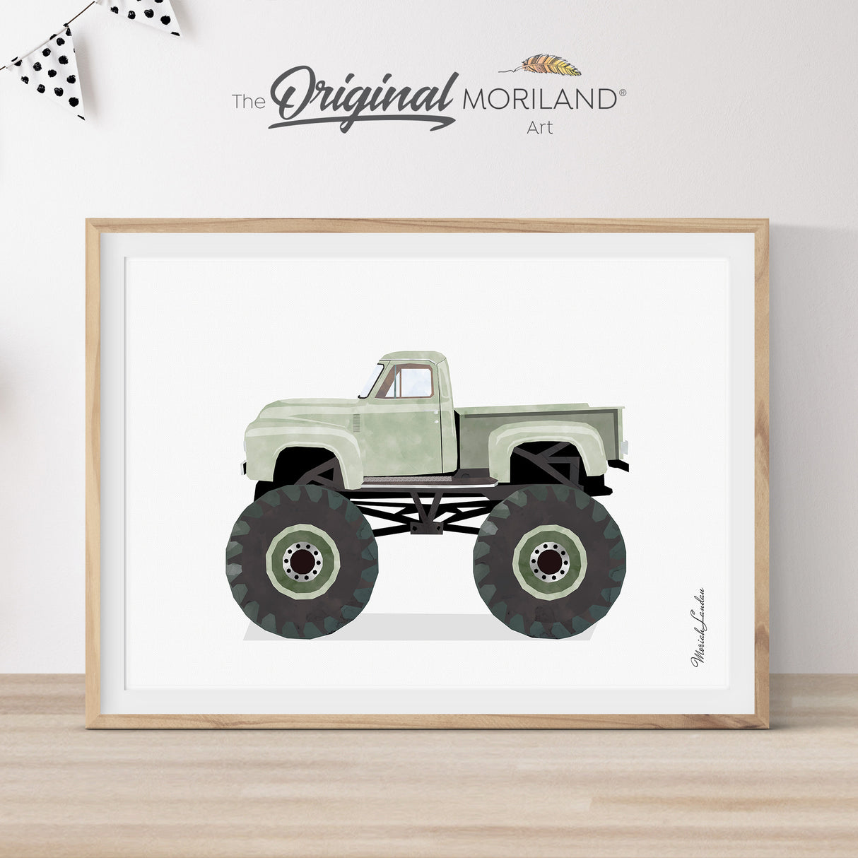 Modern heritage watercolor style illustration of a sage green vintage stepside pickup truck modified into a monster truck with huge black wheels, displayed in a light wood frame for an earthy vehicle nursery or boy's room wall decor by MORILAND.