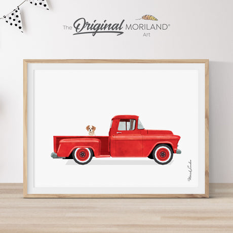 Printable art of a red vintage truck with a Cavalier King Charles Spaniel puppy, perfect for dog lovers and home decor.