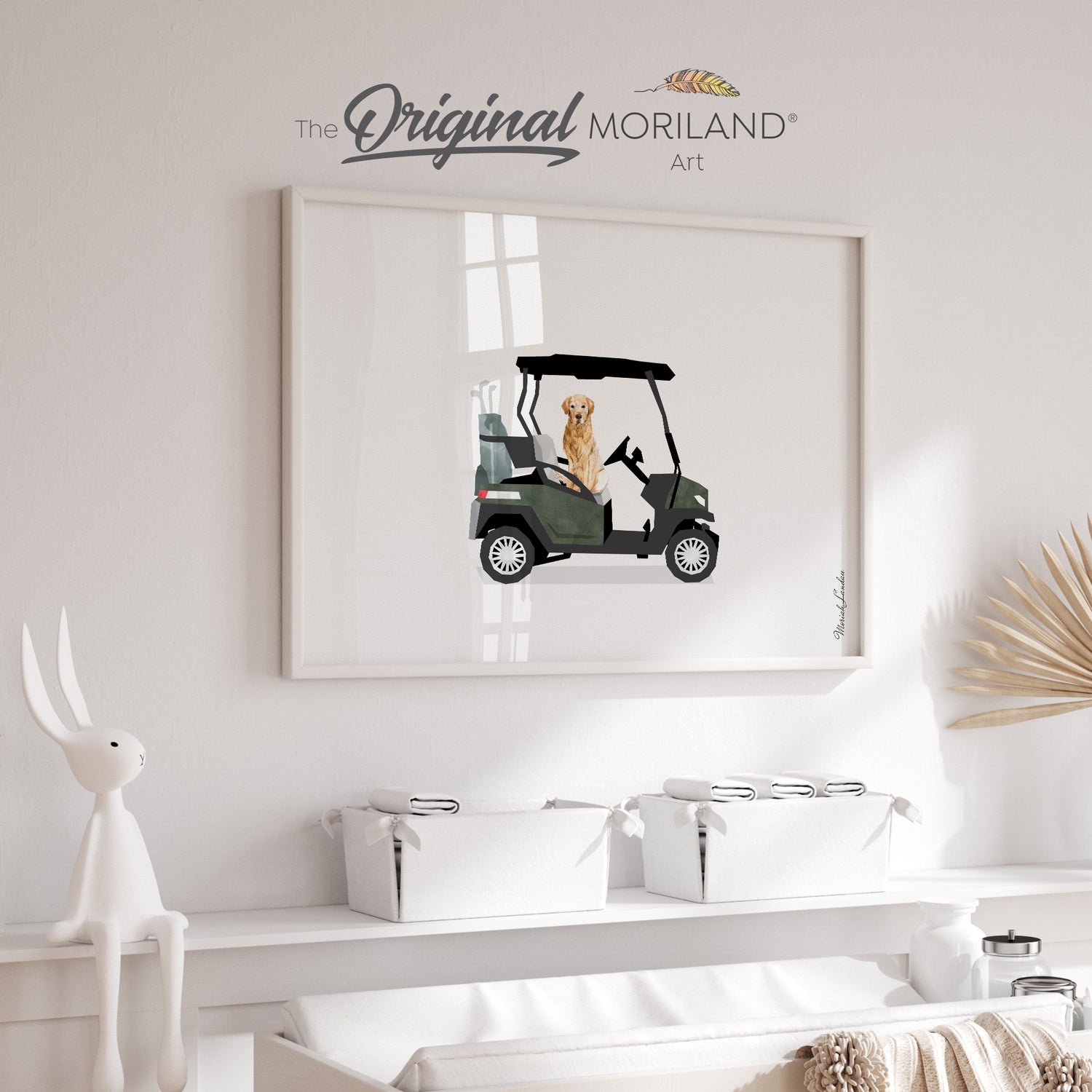 Dark Green Golf Cart with Golden Retriever Dog Print - Printable Art