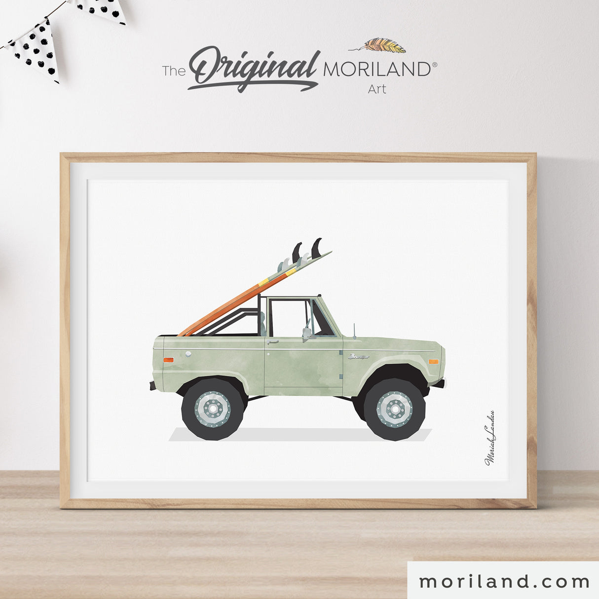 Artwork of Sage Green Ford Bronco Truck with Surfboards, gift for graduation, grandson, nursery