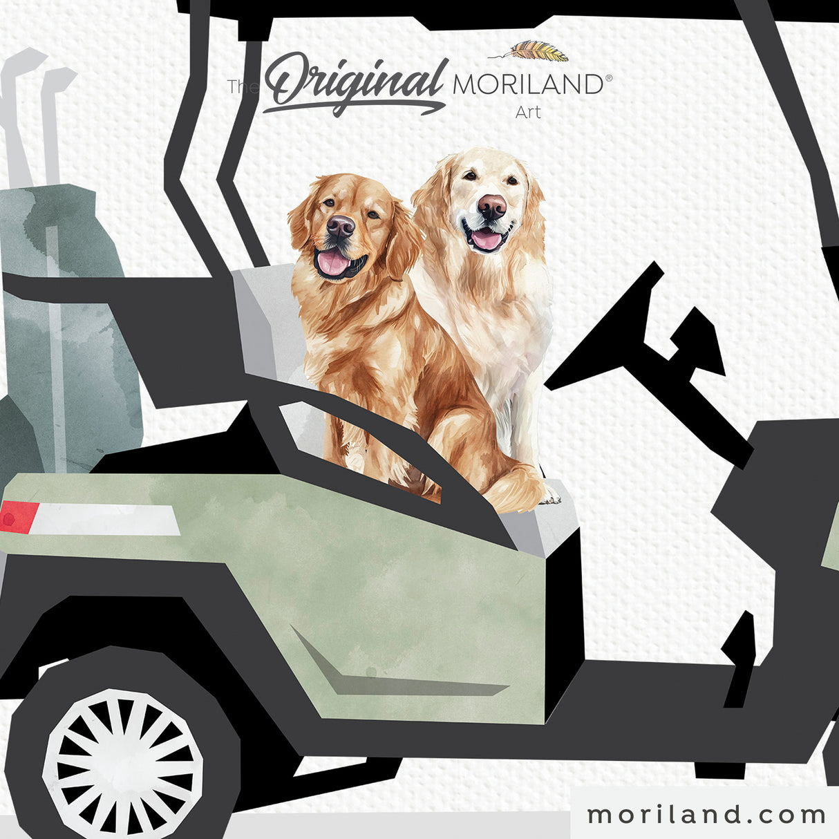 Golden Retrievers in Golf Cart Wall Art | Sage Green Digital Print | Preppy Dog Mom Gift & Nursery Decor