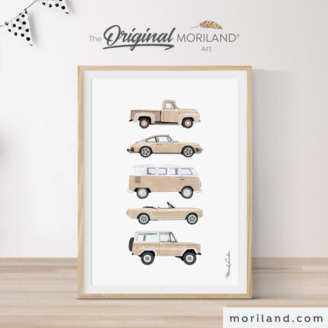 Beige Classic Cars Print - Vintage Car Art for Kids, Nursery, and Boys & Girls Bedroom Décor | Instant Download