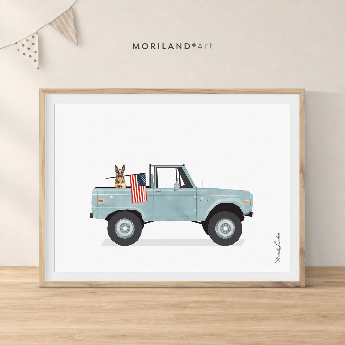 German Shepherd in a patriotic 4x4 truck with an American flag, printable wall art by MORILAND