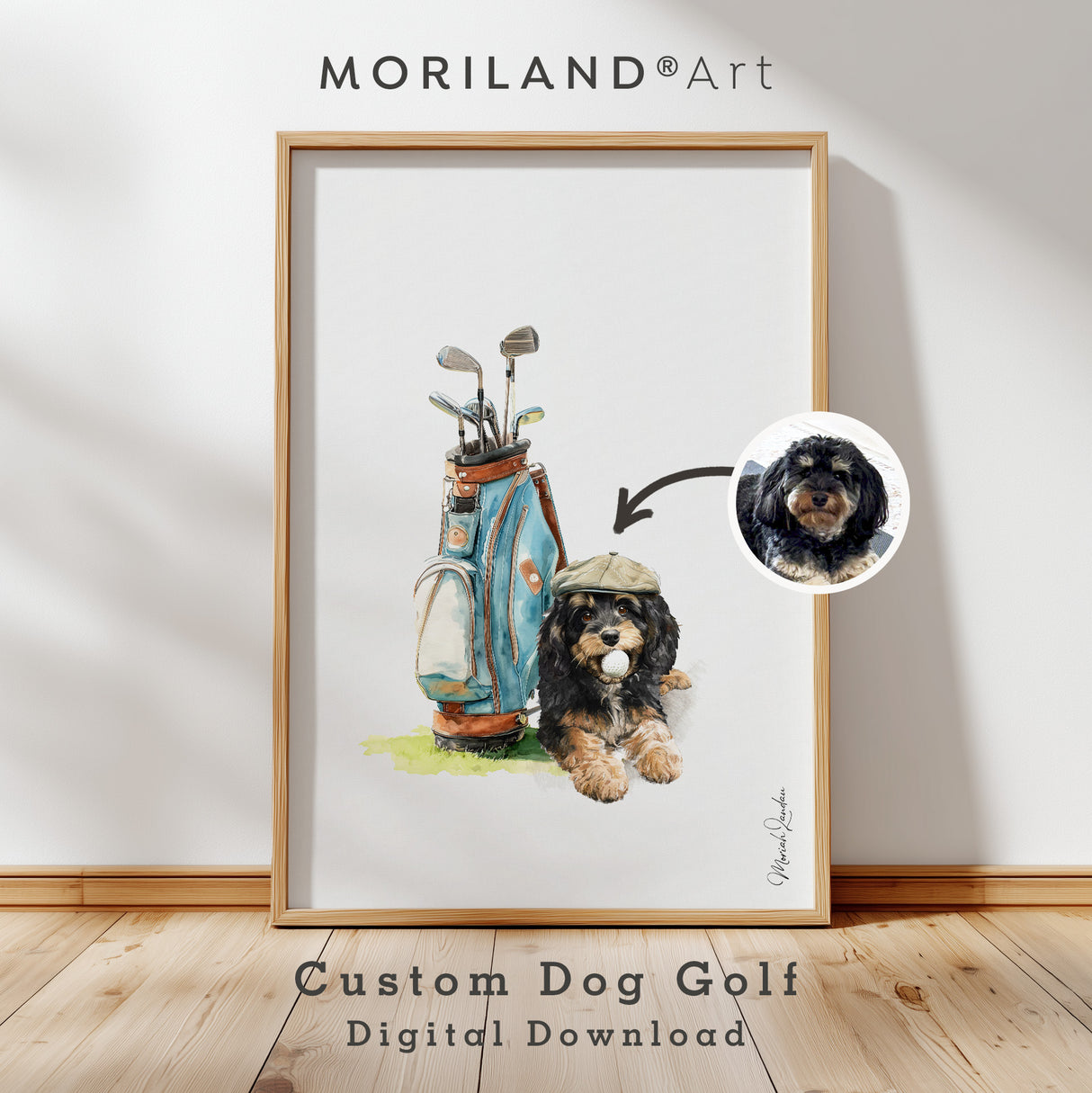 Dog golf portrait with golf bag illustration