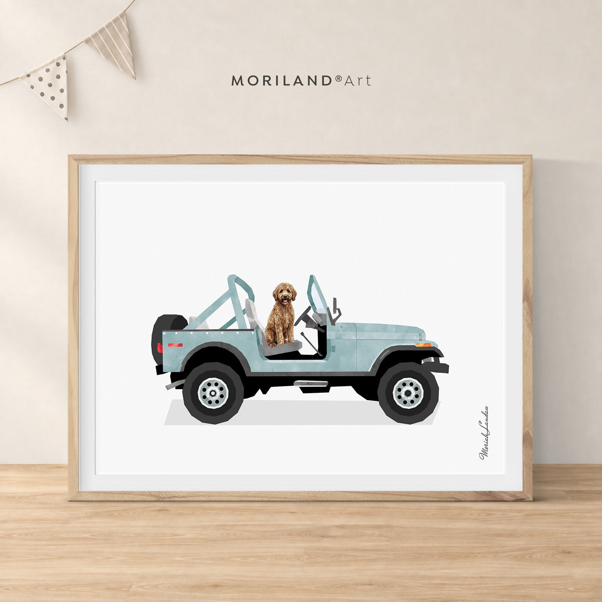 Goldendoodle in a vintage blue 4x4 truck, printable dog wall art by MORILAND