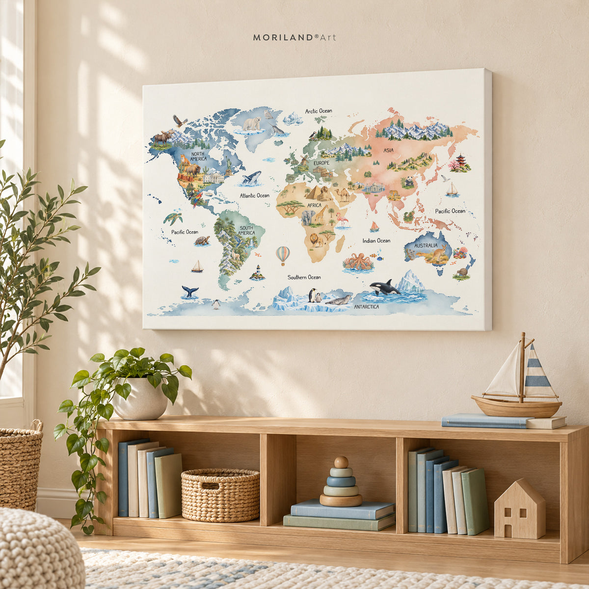 Side view of a gallery-wrapped watercolor world map canvas with animals, landmarks, continents, and oceans in a warm kids’ room.