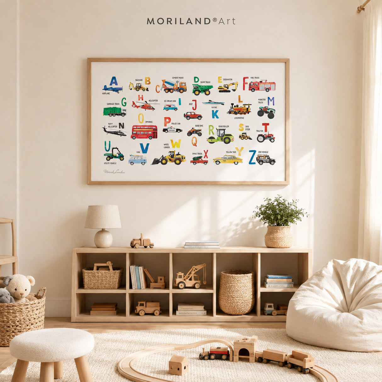 Printable vehicle ABC wall art displayed in a neutral children’s playroom