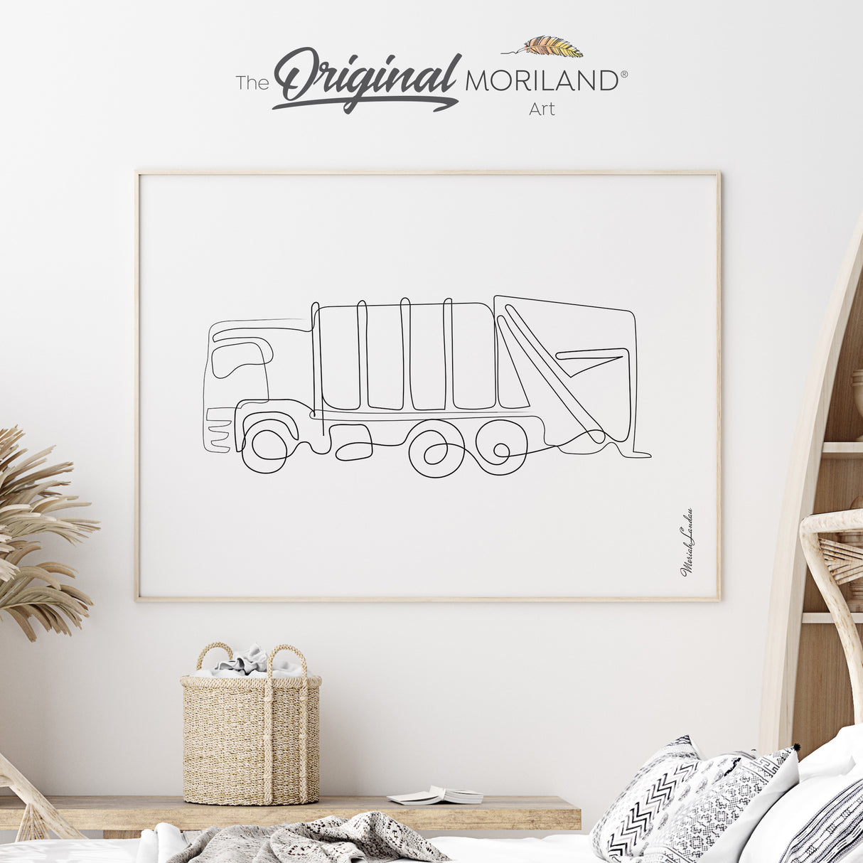 Minimalist black one-line drawing of a garbage truck on a white fine art paper background.