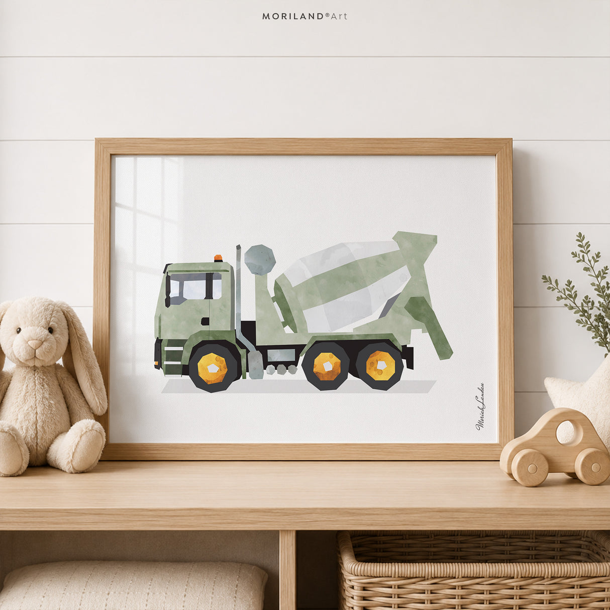 Sage green concrete mixer truck fine art paper print for boys room construction nursery decor