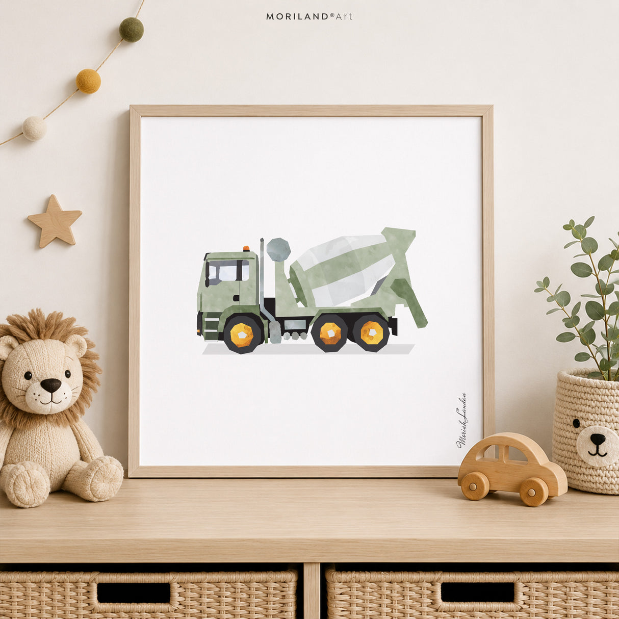 Sage Green Concrete Mixer Truck Fine Art Paper Print for Boys Room