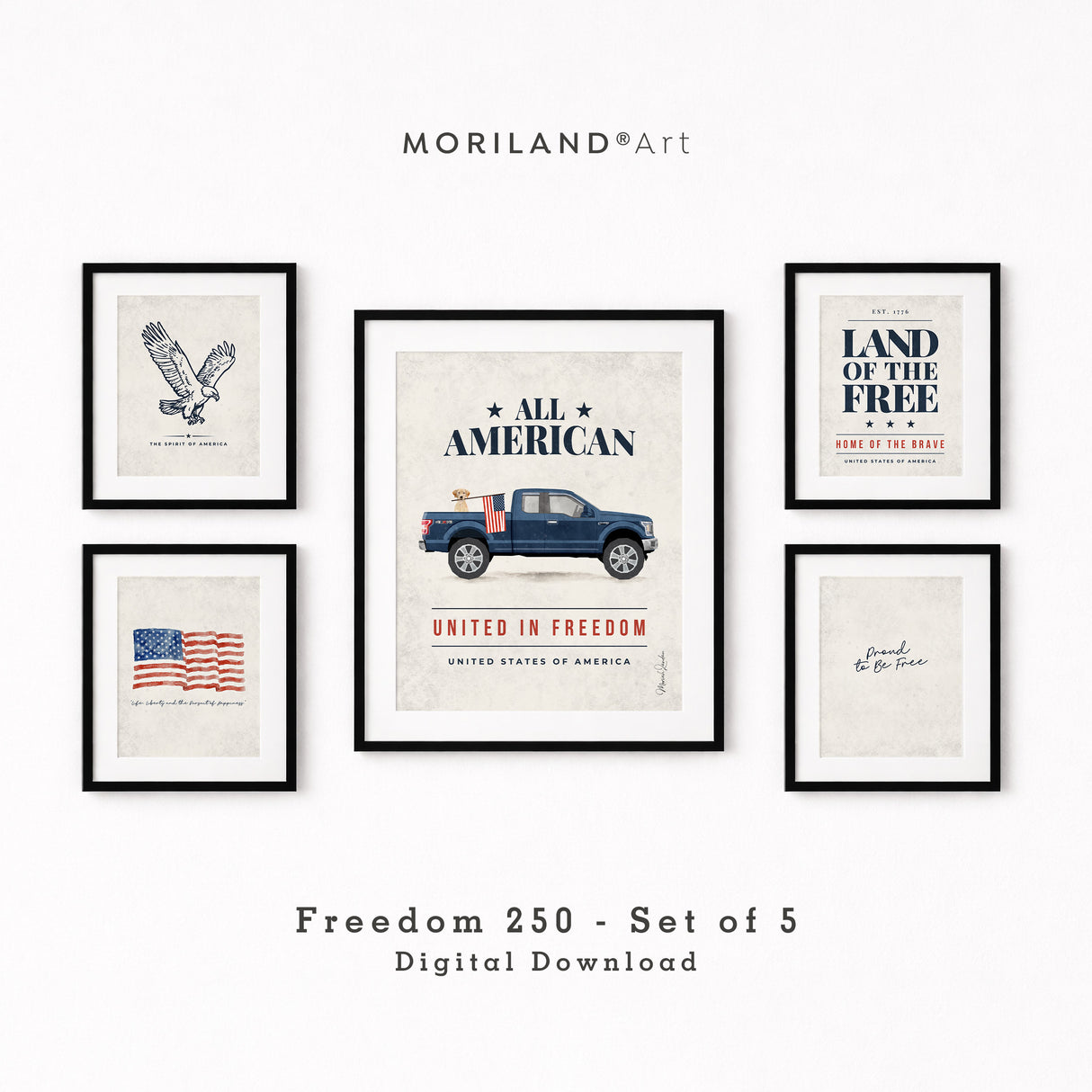 A curated set of 5 patriotic art prints displayed in various frames on a cream wall, featuring a bald eagle and classic blue truck.