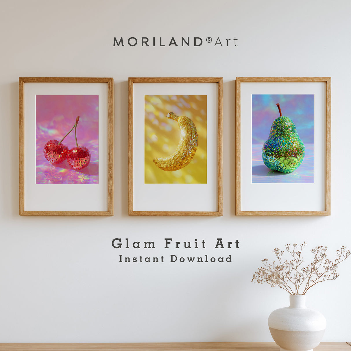 Glam Fruit Prints Set – glitter banana, pear, and cherry wall art trio in modern colorful style, digital printable kitchen decor. Disco Fruit