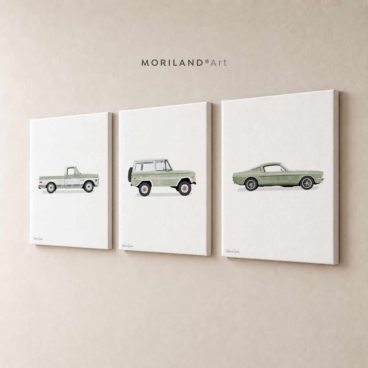 Vintage Sage Green Car Canvas Art Set of 3