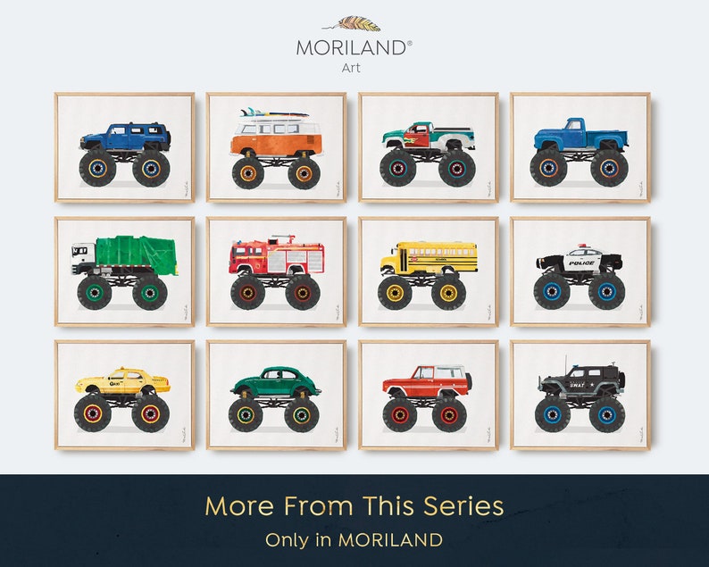 MORILAND monster truck printable wall art collection featuring twelve vintage vehicles