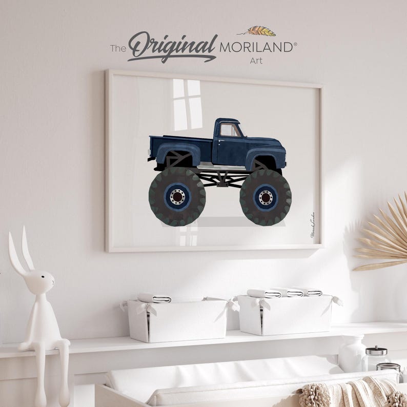 Navy blue vintage monster truck wall art displayed in a neutral kids room by MORILAND