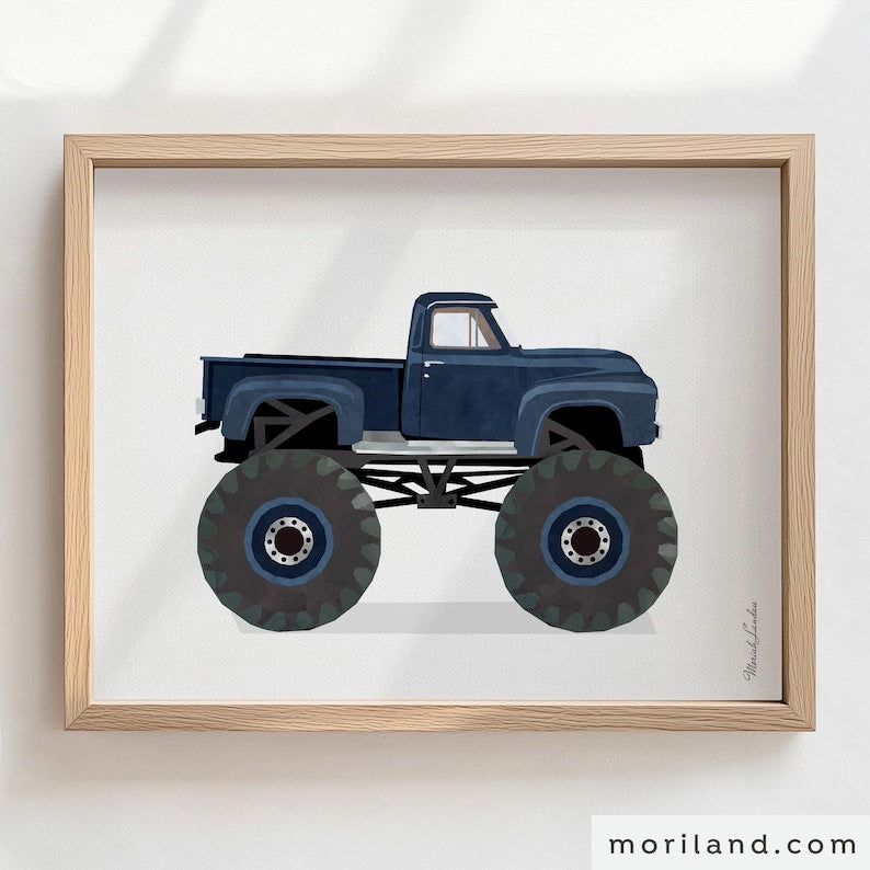 Navy blue vintage monster truck printable wall art in a light wood frame by MORILAND