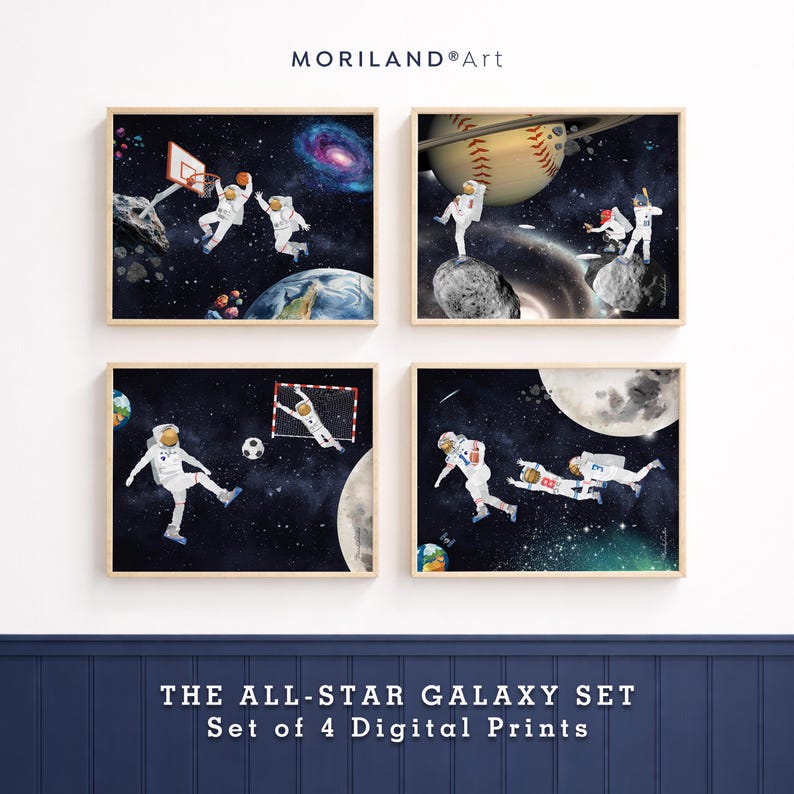 Astronaut sports wall art set of 4 with basketball, baseball, soccer and football space prints