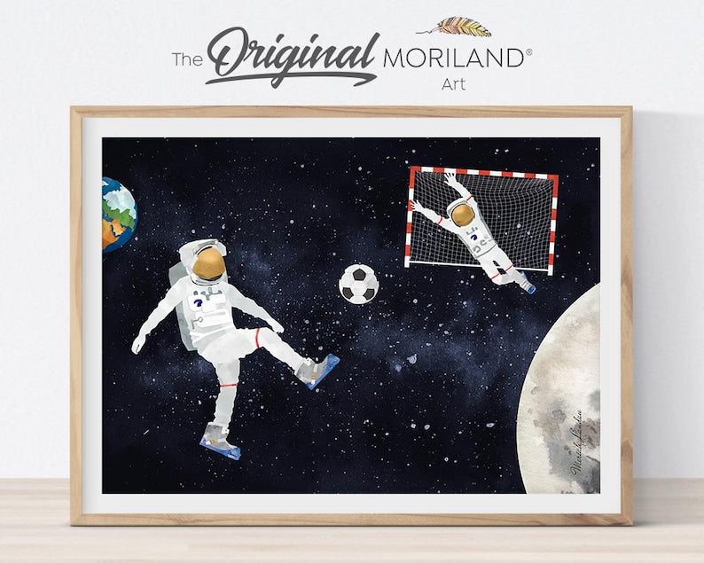 Astronaut soccer wall art with player, goalkeeper and moon in outer space