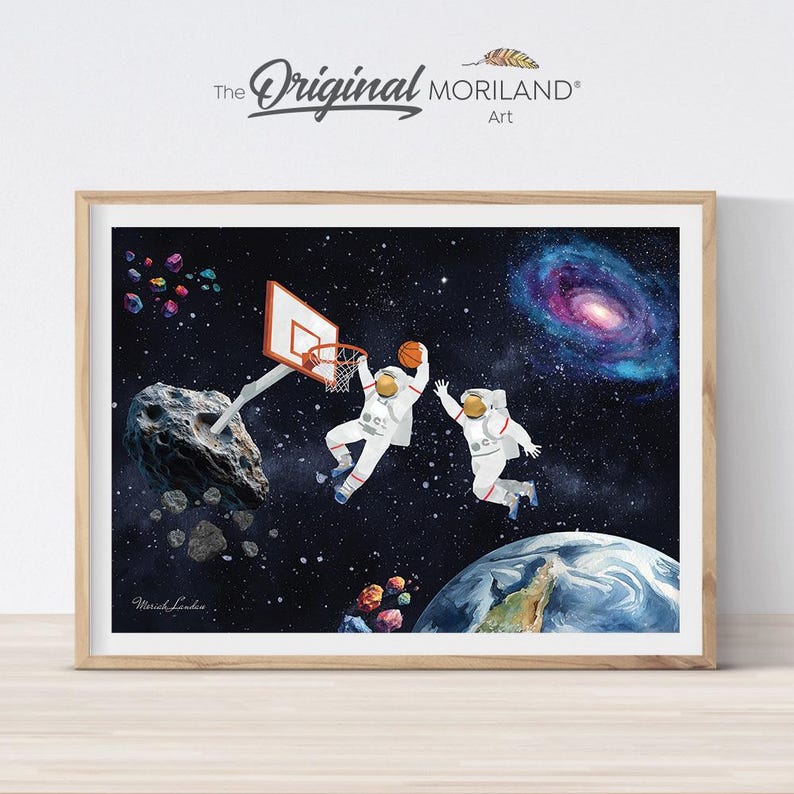 Astronaut basketball wall art with players and hoop in outer space