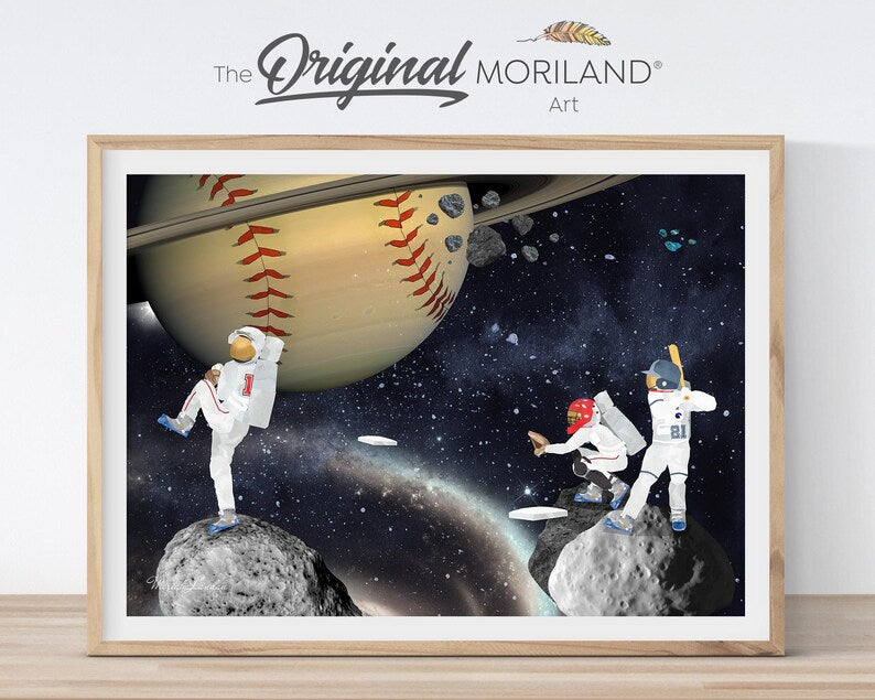 Astronaut baseball wall art with players and baseball planet in space